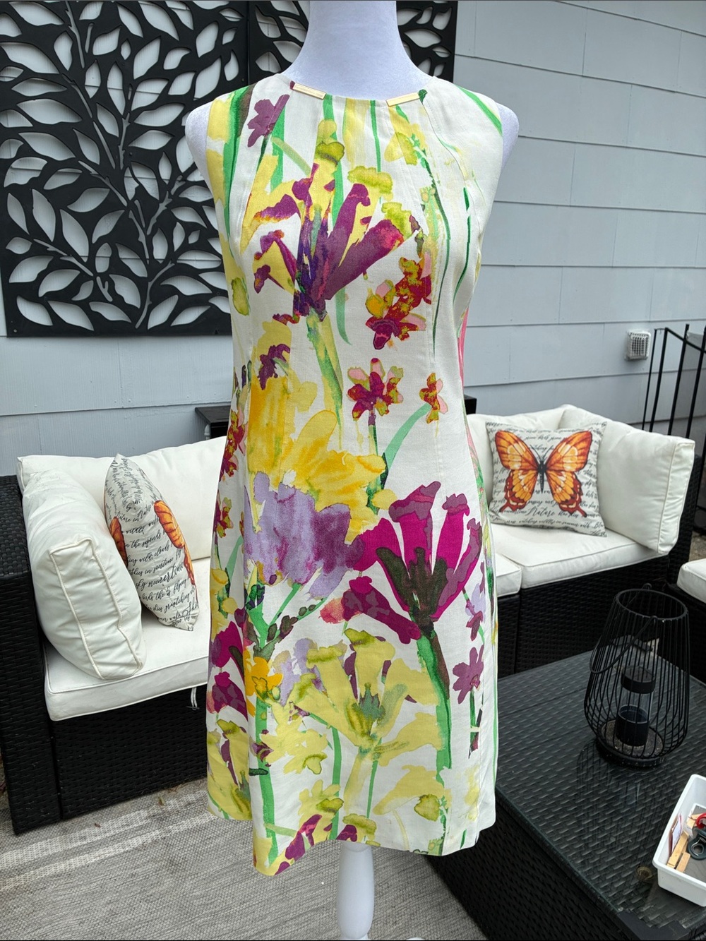 Calvin Klein Sleeveless Linen Blend Dress, Ivory w/ Multi-Color Floral Design 10 - Picture 2 of 12